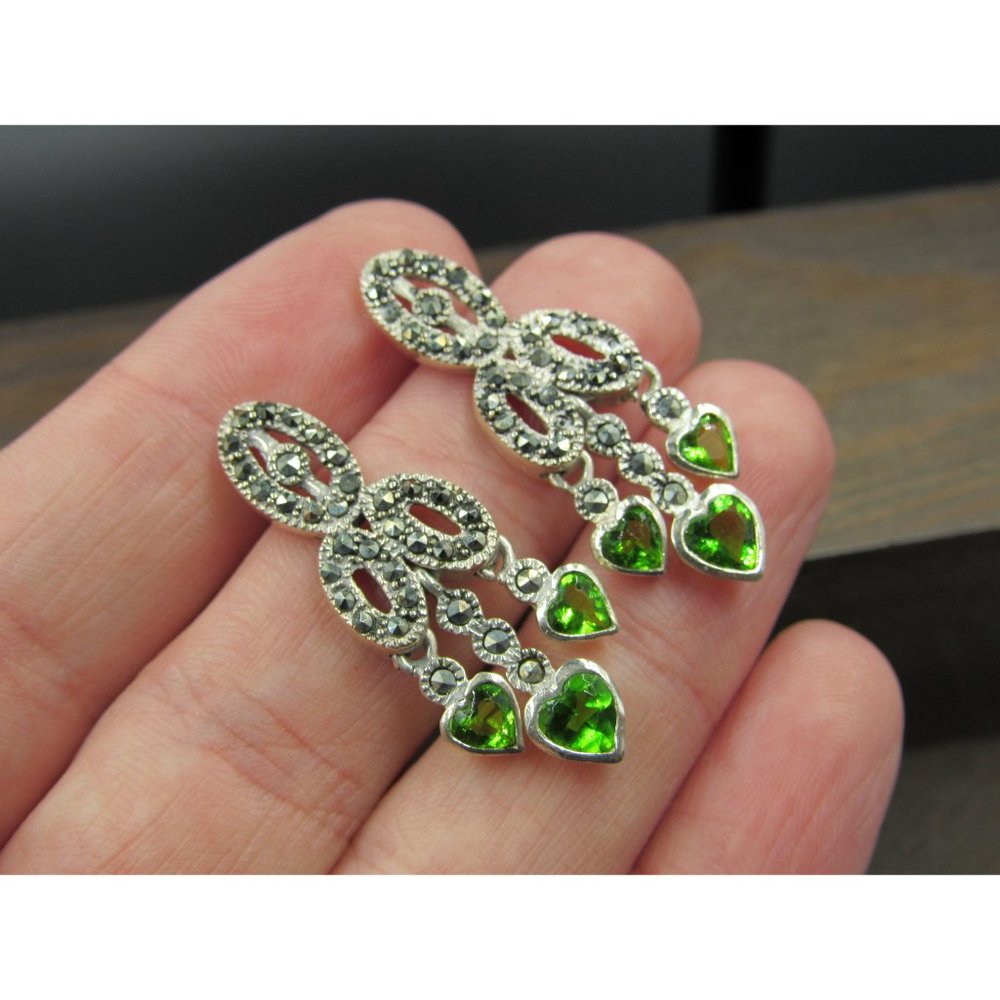 Sterling Silver Marcasite And Triple Heart Glass Gem Earrings Vintage Wedding - Picture 2 of 6